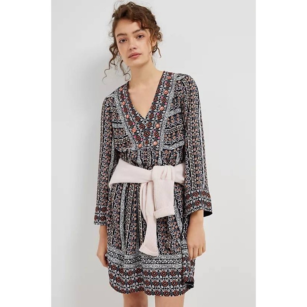 Maeve Anthropologie Naomi Navy Floral Sequin Bell Sleeve Tunic Mini Dress XS
